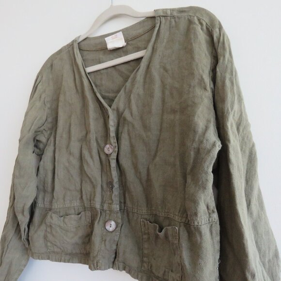 VINTAGE TOM TOM USA 100% Linen Cropped Blazer Jacket Khaki Green Lagenlook S - Picture 8 of 15